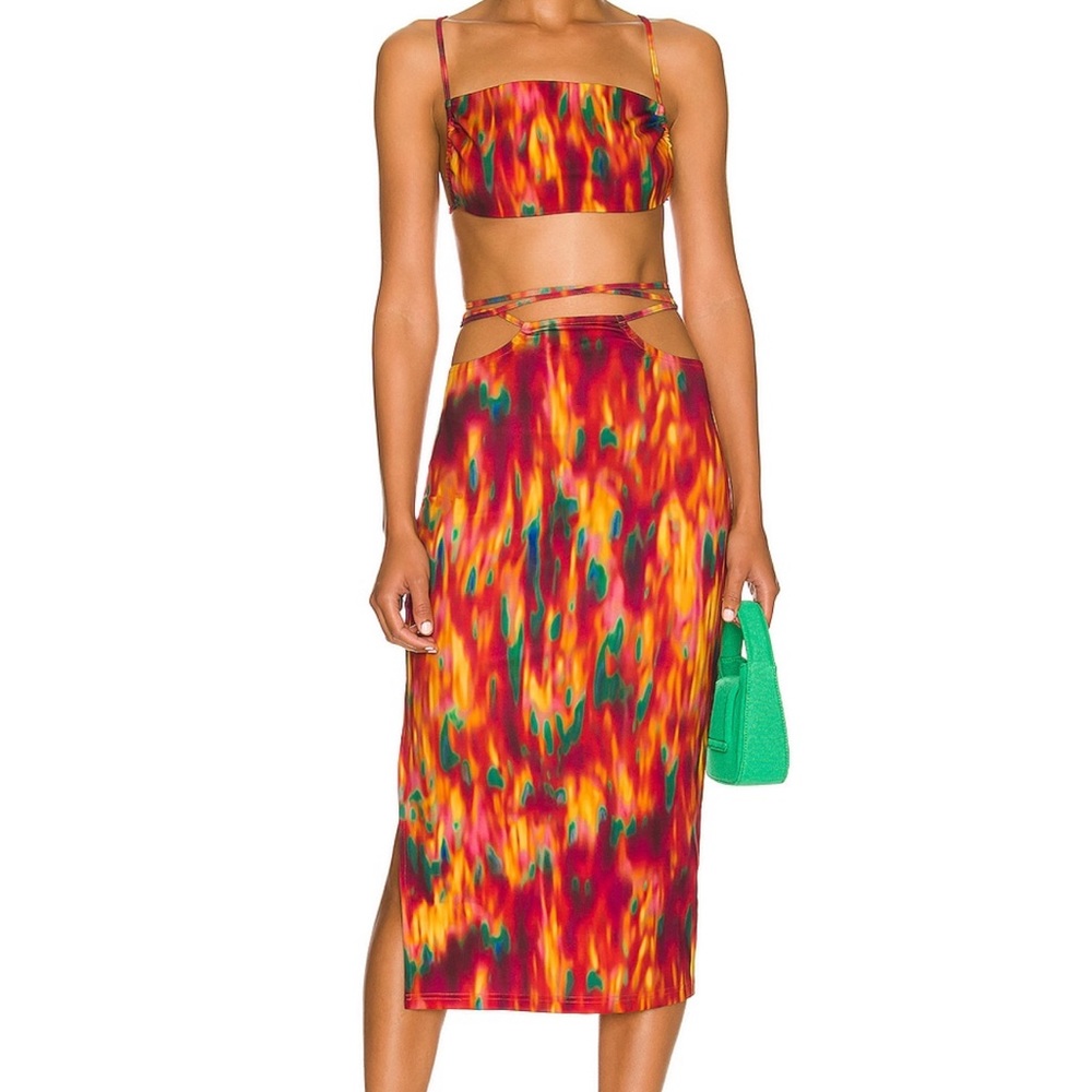 We wore what Delilah fire tie dye set cutout skirt bikini top bottoms 3 pc set